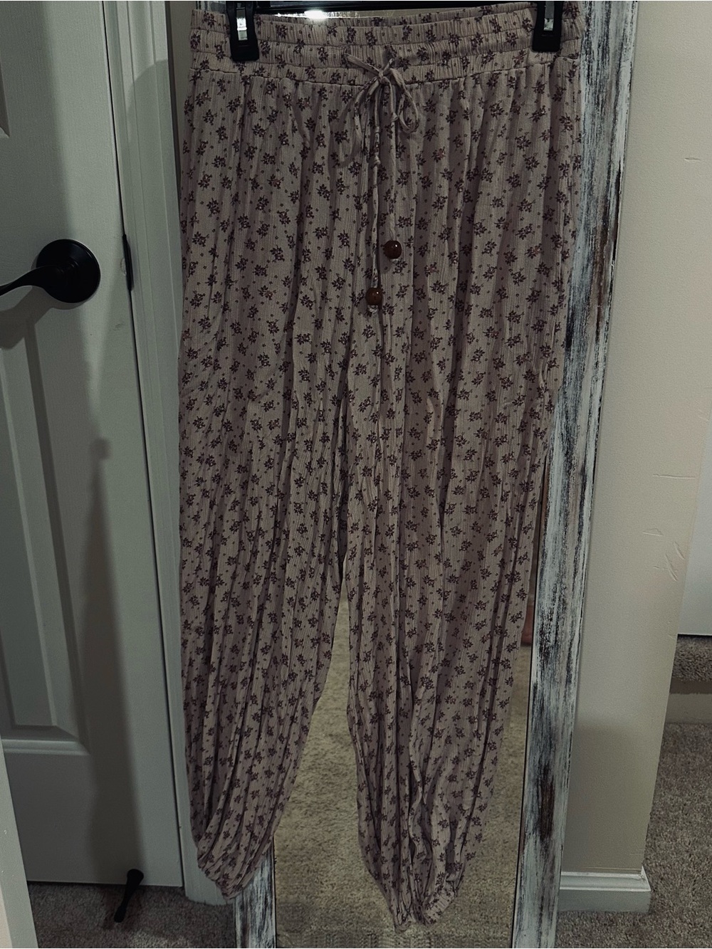 Three Bird Nest Beige Floral Harem Track Pants with Drawstring